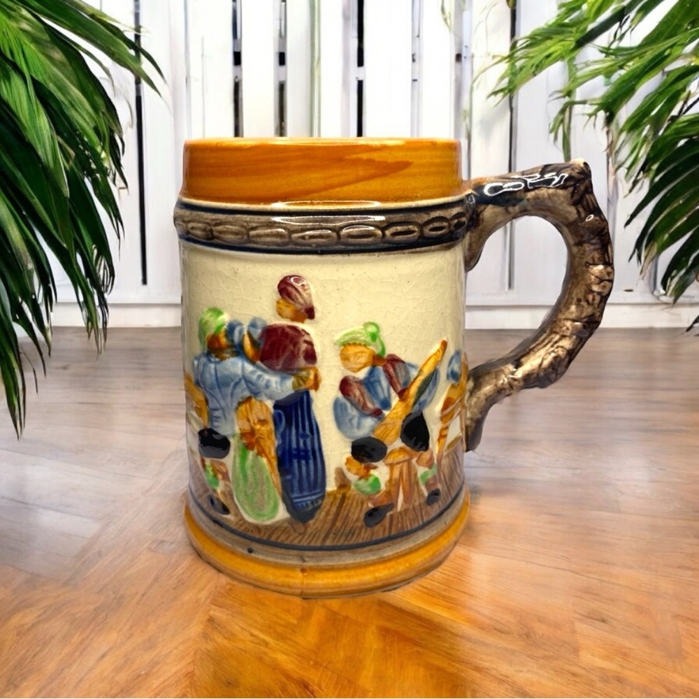 VINTAGE Made in Japan Hand-Painted Ceramic Beer Stein Mug Tavern Scene